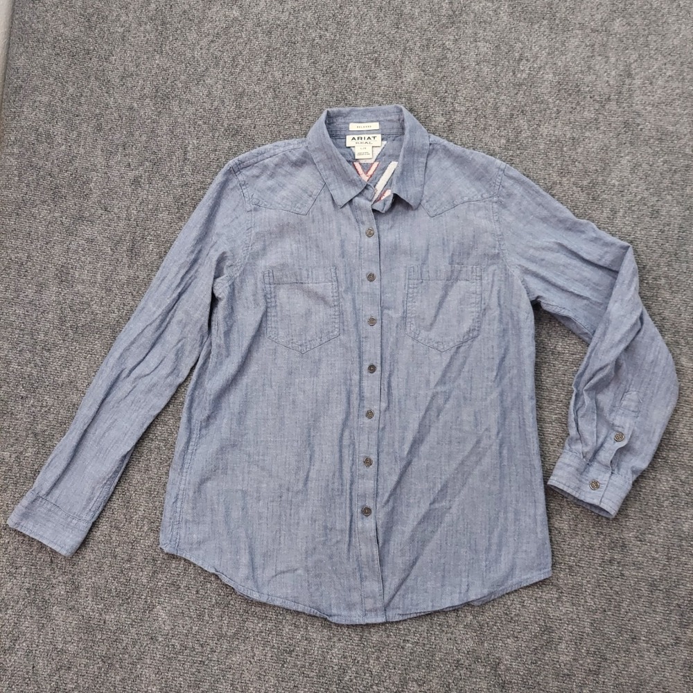 ARIAT REAL Shirt Womens Large Chambray Blue Aztec Design Relaxed Long Sleeve - Picture 2 of 10